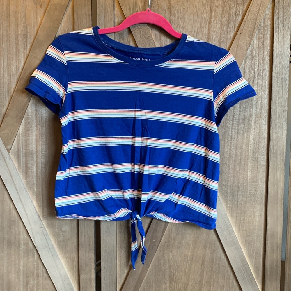 American Eagle XS Blue Rainbow striped cropped tshirt tee